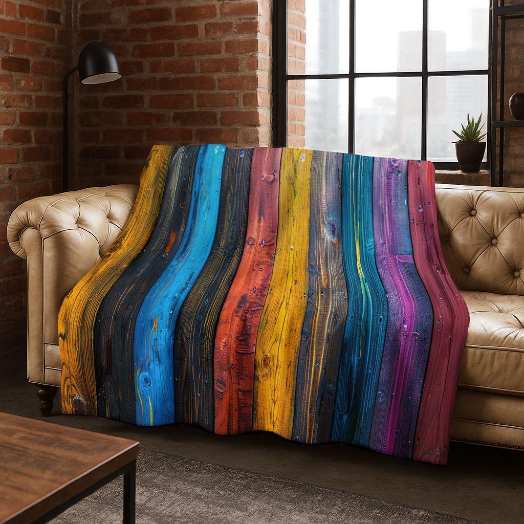 Regenboog Retro Houten Bord Zwart Bruin Houtnerf Flanellen Deken, Gezellige Zachte Plaid voor Huis Slaapkamer Bed Bankhoes Cadeau