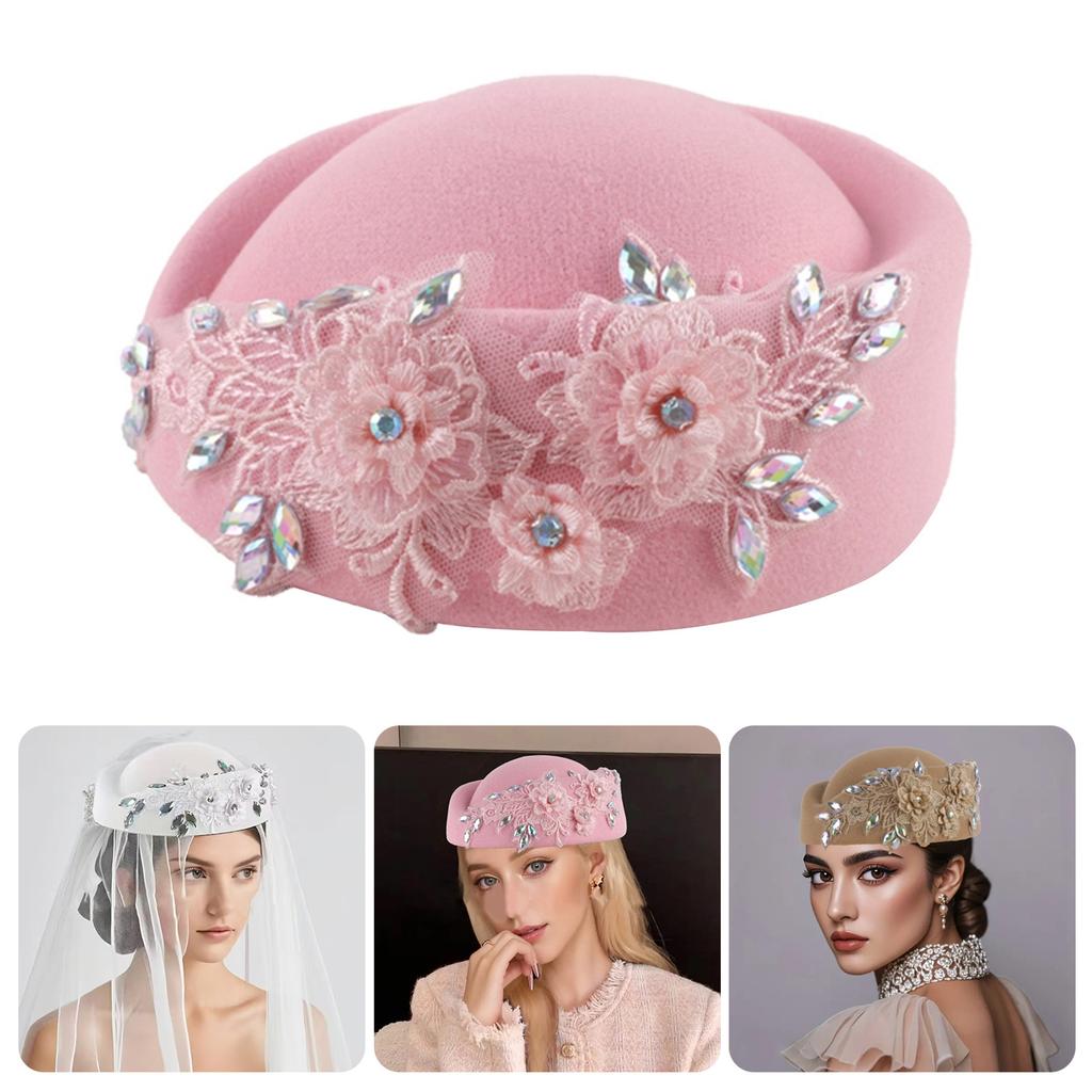 Rhinestone Flower Fascinator Hat for Teaparty Cocktail Party Female Pillbox Hat Roleplay Bowler Hat for Formal Occasion