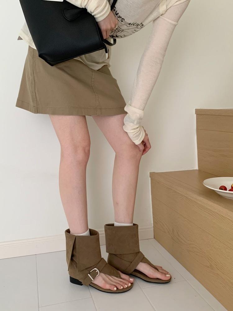 

Vintage Suede Toe Roman Sandals Women S Spring And Summer Spice Girls Cigarette Pipe Boots Herringbone Belt Buckle Flat Boots 35 хаки