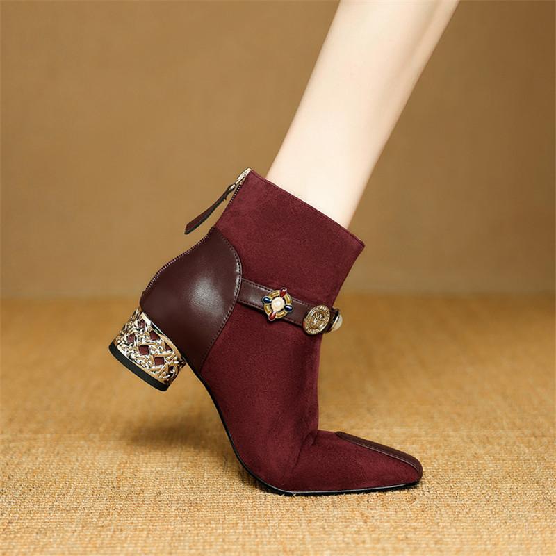 Móda Nové Podzim/zima Ovčí semiš Dámská bota Boty se čtvercovou špičkou pro ženy Módní kozačky S přezkou Střední podpatky Krátké kozačky Zip Černé kozačky