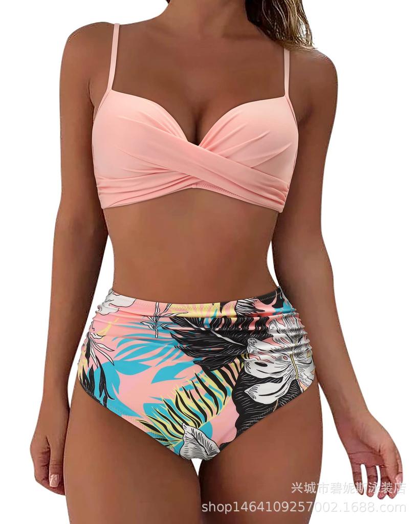 New Swimsuit Split Bikini Solid Color Cross Strap High Waist Swimsuit Sexy