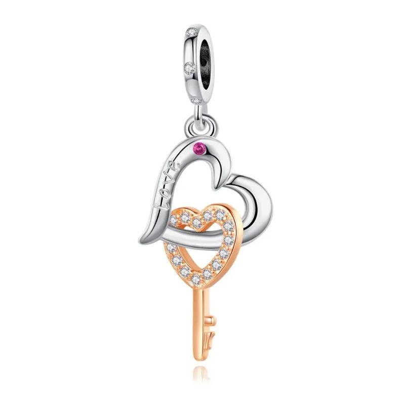 925 Silver Heart Lock Key Charm Pendant for Bracelet Jewelry DIY Gift Dangle Beads Keychain