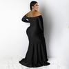 Plus Size Burgundy Off Shoulder Long Sleeve Ruched Split Mermaid Maxi Dress