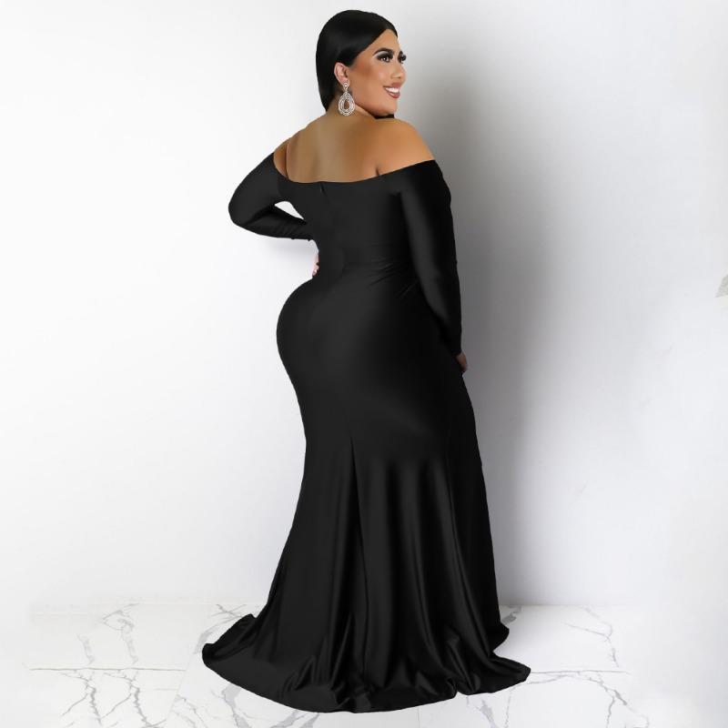 Plus Size Burgundy Off Shoulder Long Sleeve Ruched Split Mermaid Maxi Dress