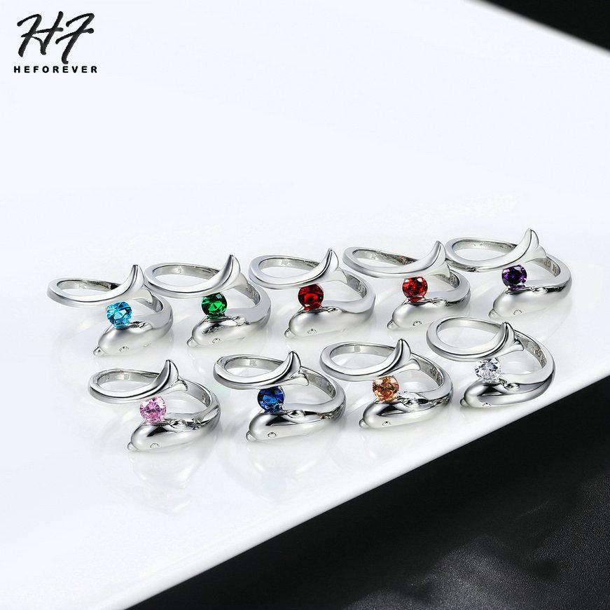 Trendy Birthstone Rings for Women New Design Dolphins Style Silver Plated 9 Colors Wedding Engagement Xmas Fashion Jewelry R788