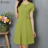 ZANZEA Women Casual Round Neck Summer Solid Color Short Sleeve Dress