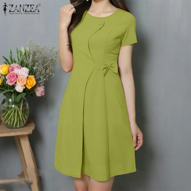 ZANZEA Women Casual Round Neck Summer Solid Color Short Sleeve Dress