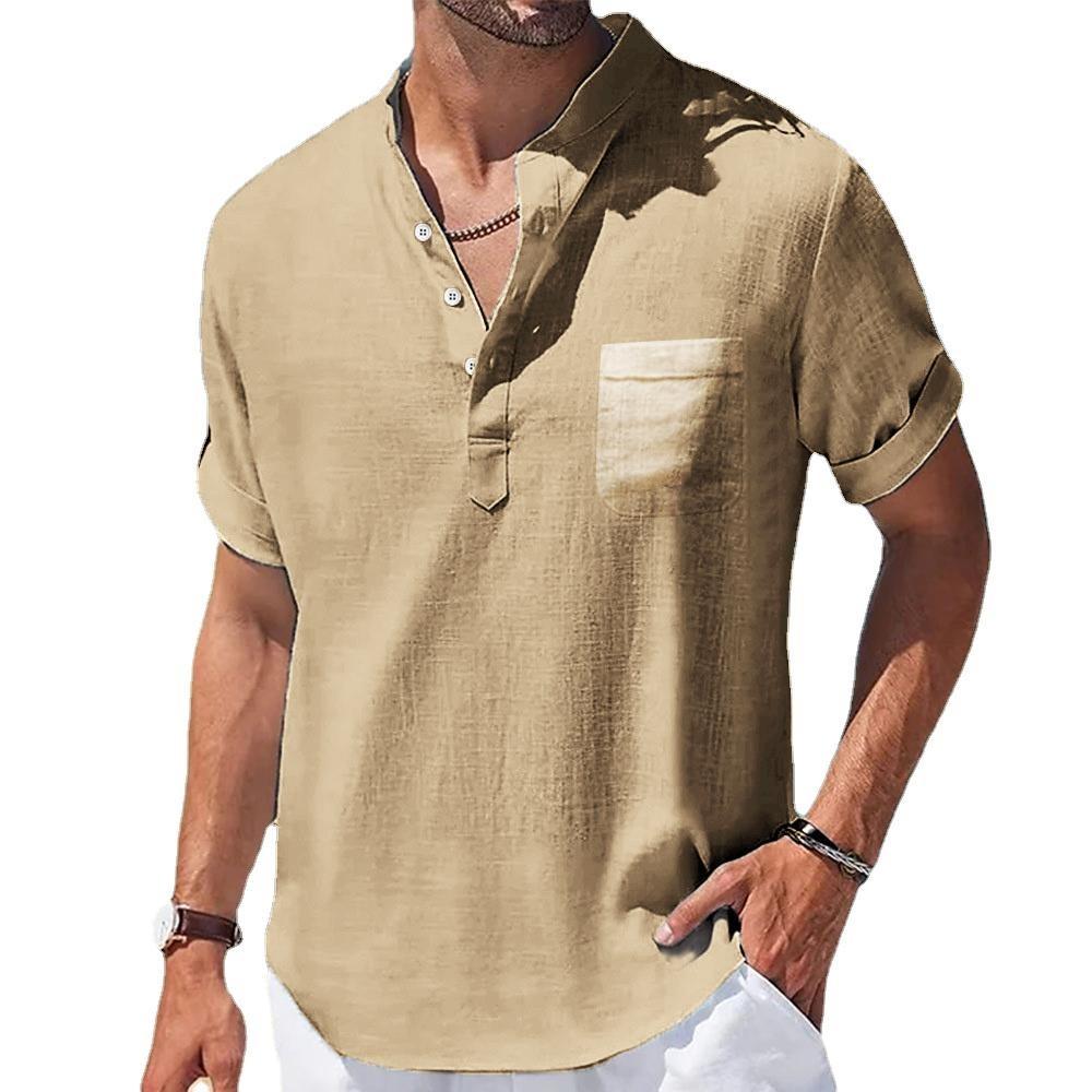 Summer Men's Stand Collar Buckle Half Cardigan Cotton and Linen Short Sleeve Men's T-shirt Simple Short Sleeve Shirt Sports Casual
