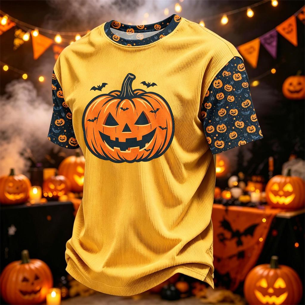 Herren Freizeit Corduroy Kurzarm Rundhals Leicht Atmungsaktiv T-Shirt mit Halloween Kürbis Print Design Bequeme Passform