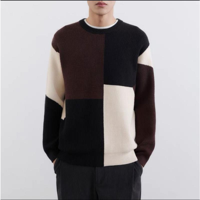 High-end Contrasting Color Splicing Crew Neck Sweater for Men In Autumn and Winter Slightly Loose Lazy Style Sweater Thick Sweater