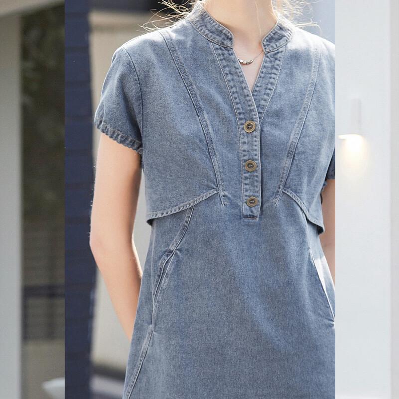 Bailuyu Women's V-Neck A-Line Denim Dress with Adjustable Short Sleeves