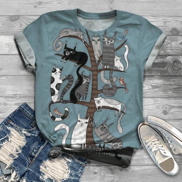 

Женская летняя футболка с принтом котенка в стиле ретро, футболки с коротким рукавом, повседневные топы с принтом 5XL синий