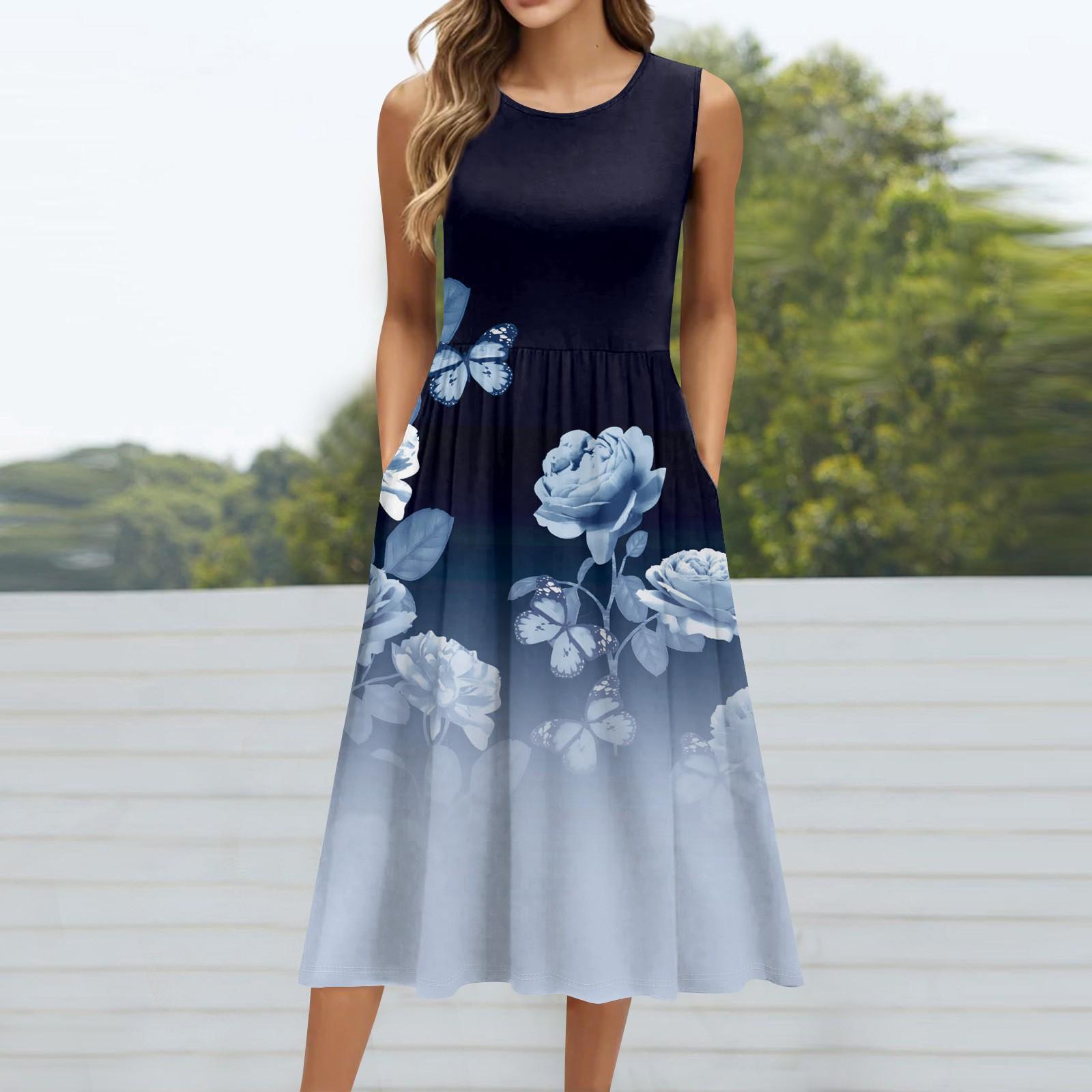 

Женское модное платье средней длины с круглым вырезом и принтом без рукавов XL