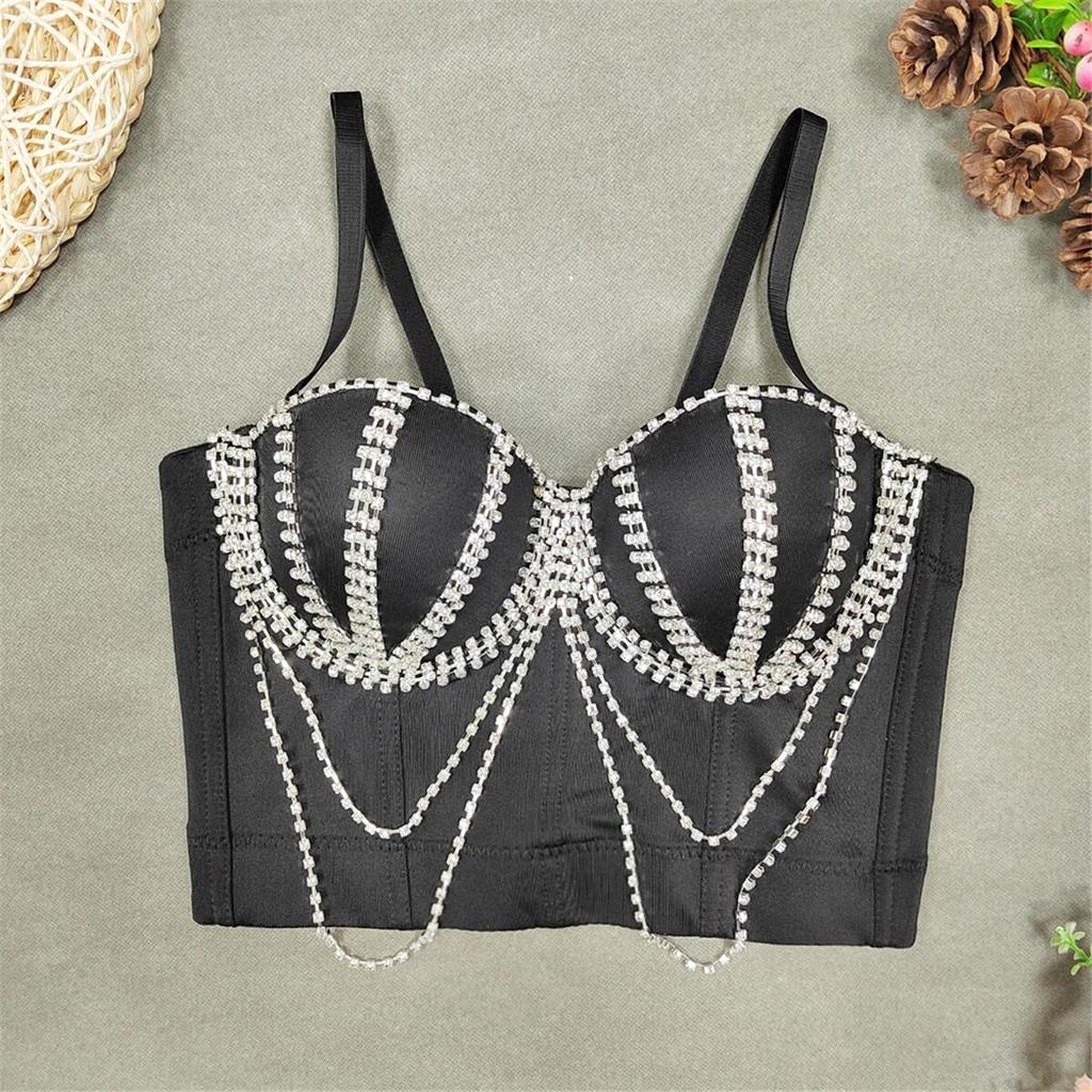 Crop Top yushutiff Rhinestones Noční korzet Podprsenka Oblečení Rave Festival Prsatější Dámské Letní párty Vesty bez rukávů