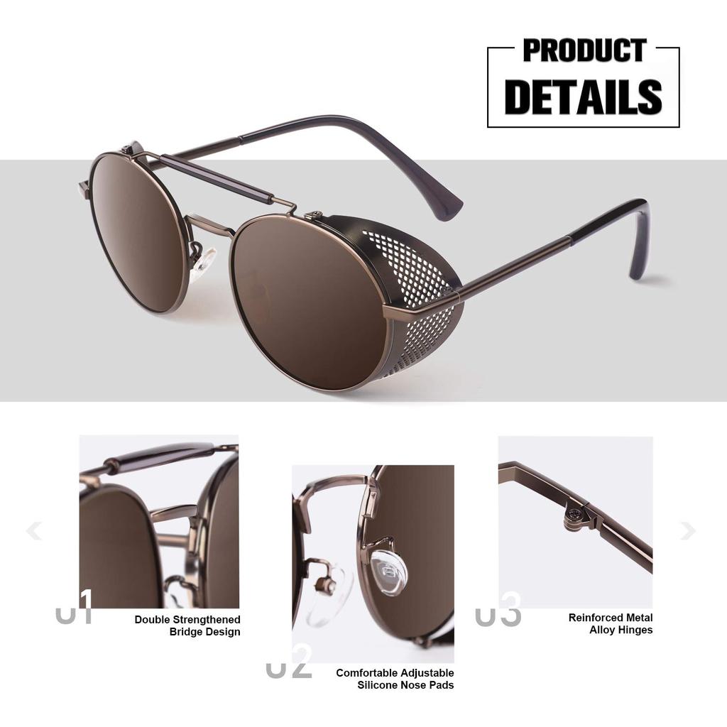 Retro Round Polarized Steampunk Sunglasses for Men and Women, Side Shield Goggles, Gothic S92 - Advanced Polarization, Brown Frame Brown Polarized
