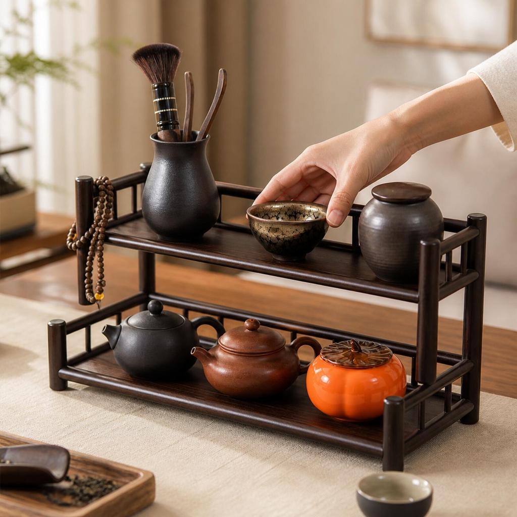 Bamboo Tea Cup Rack Tiered Teapot Display Stand Wooden Set