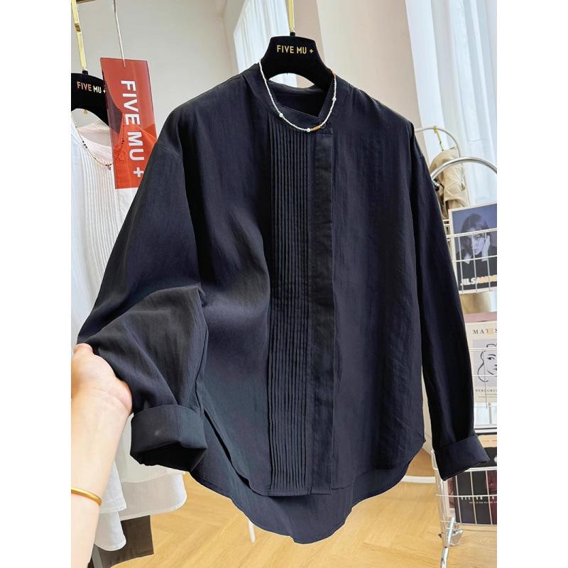 Elegante Blusa de Mujer con Cuello Redondo Plisado y Mangas Largas - Top Chic Francés Primavera 2026