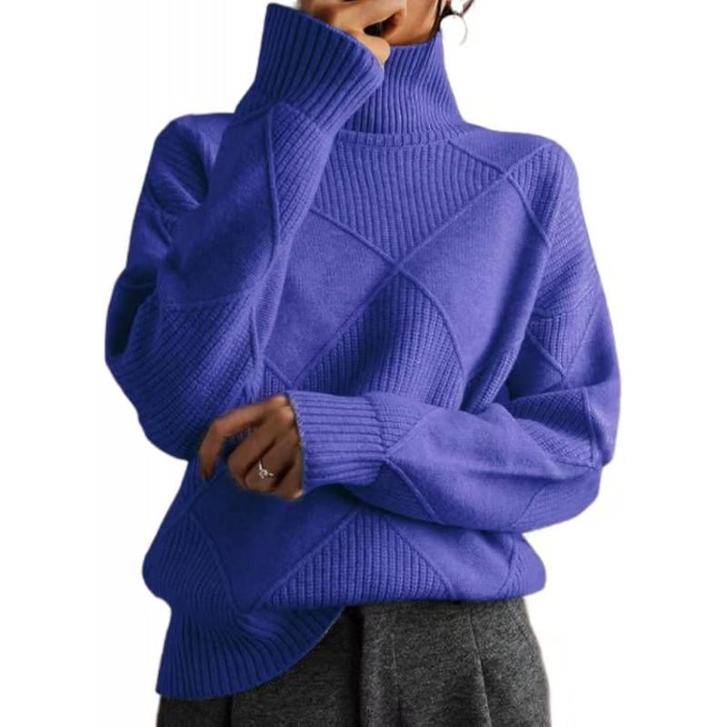 Womens High Neck Knit Sweater Solid Color Rhombus Warm Thick Long Sleeve Pullover