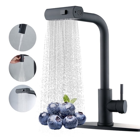 Kitchen faucet with drop-down shower head, three-function Black