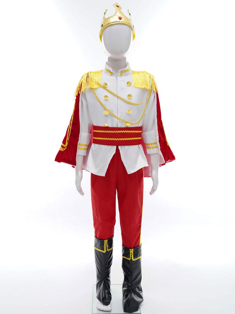 Kids Boys Medieval King Cosplay Costume Tops With Pants Belt Cape Headband Truncheon Socks Set Royal King Prince Roleplay Outfit
