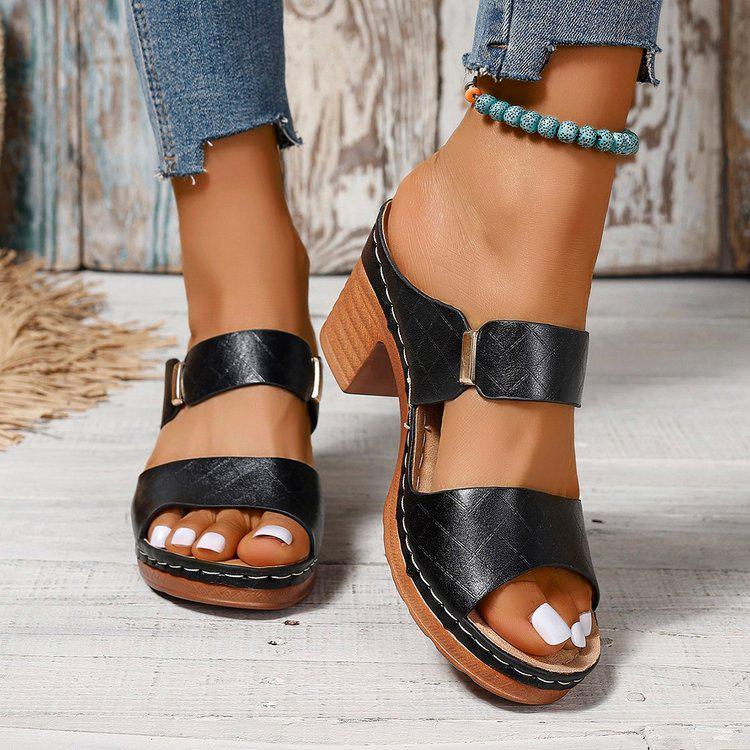 2024 Summer Women's Chunky Heel Peep-Toe High-Heeled Sandals - Large Size, Trendy European & American Style