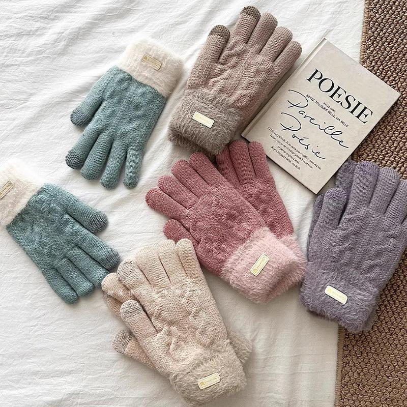 New Winter Knitted Plush Double-layer Gloves for Women Men Solid Color Touchscreen Driving Gloves Outdoor Warm Cycling Mittens