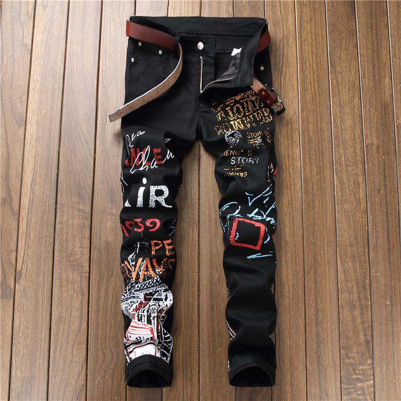 European and American Men's Elastic Straight-Leg Jeans with Print - Street Fashion Casual Pants