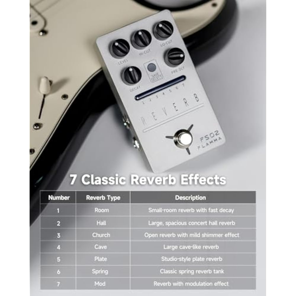 FLAMMA FS02 Digital Reverb Guitar Pedals 7 Classic Effects Trail-on Buffer Bypass Sliver Stereo D...