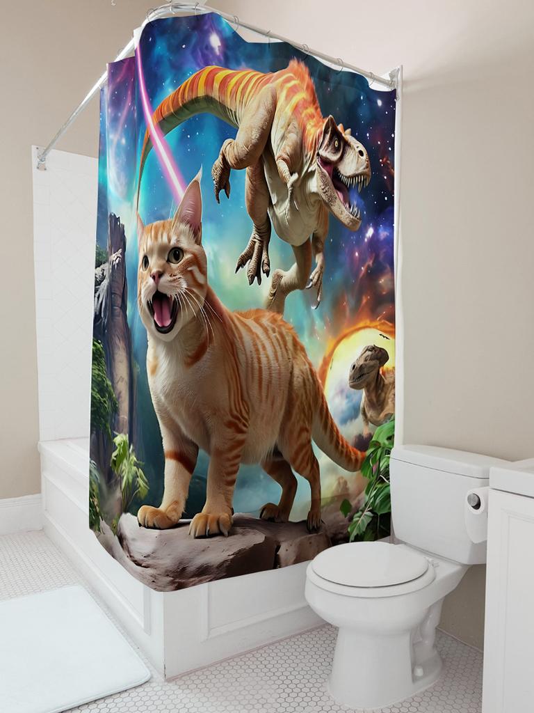 Creative Dinosaur Cat Pattern Waterproof Mold-proof Shower Curtain Home Decor Unique Design Stylish Bathroom Item Elevate Space