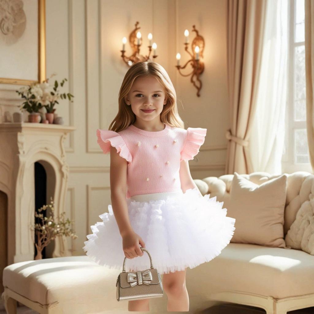 Girls' Beaded Sleeve T-Shirt Princess Dress - Puffy Versatile Skirt
