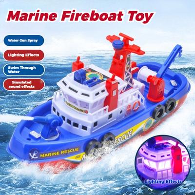 Electric Marine Rescue Firefighting Boat Toy with LED Light Music Water Spray Bathing Speedboat Toy for Kids Boys Pool Play Gift