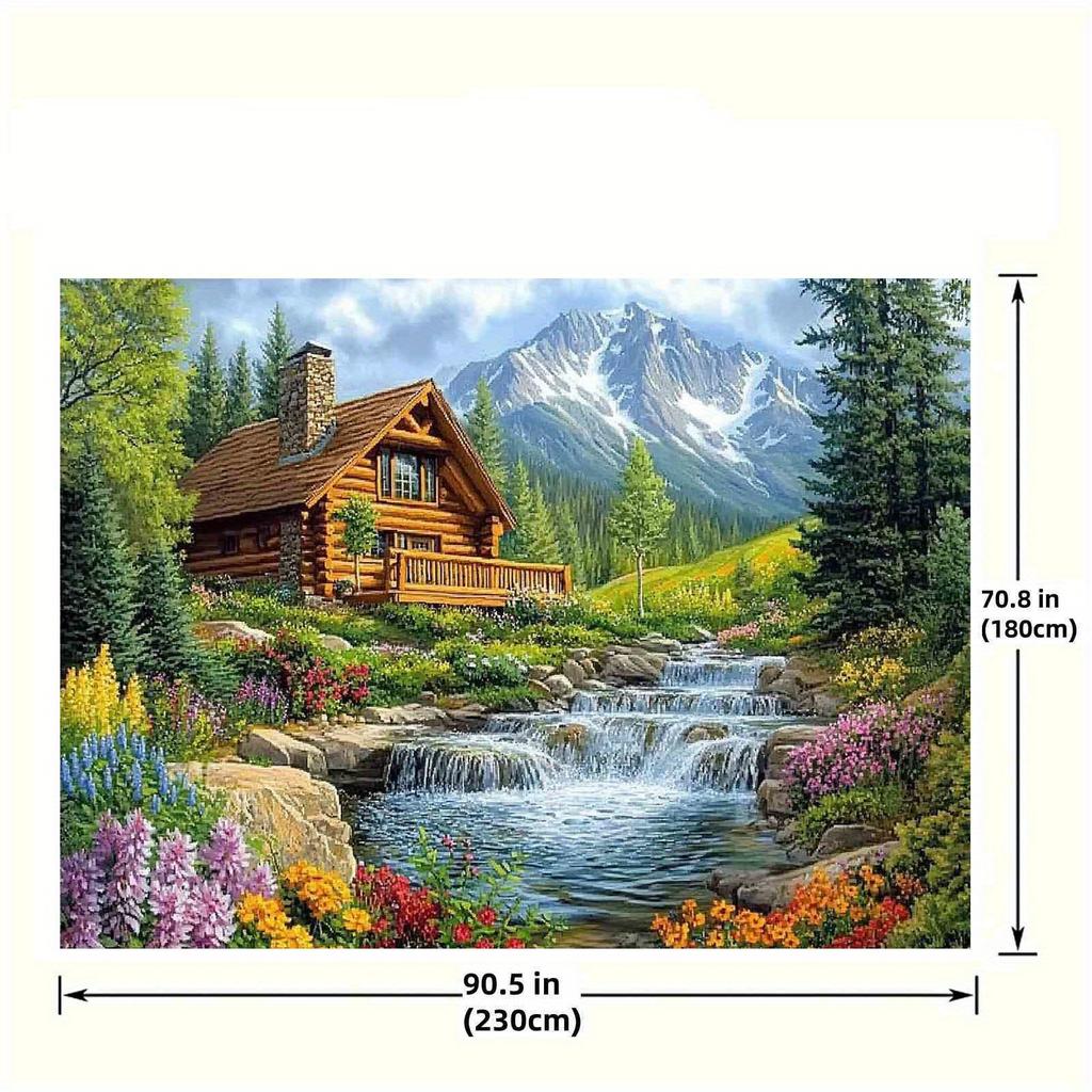 1pc Log Cabin Mountain Waterfall Polyester Background Fabric - Rock Stream Pine Tree Wildflower Design - Home decoration