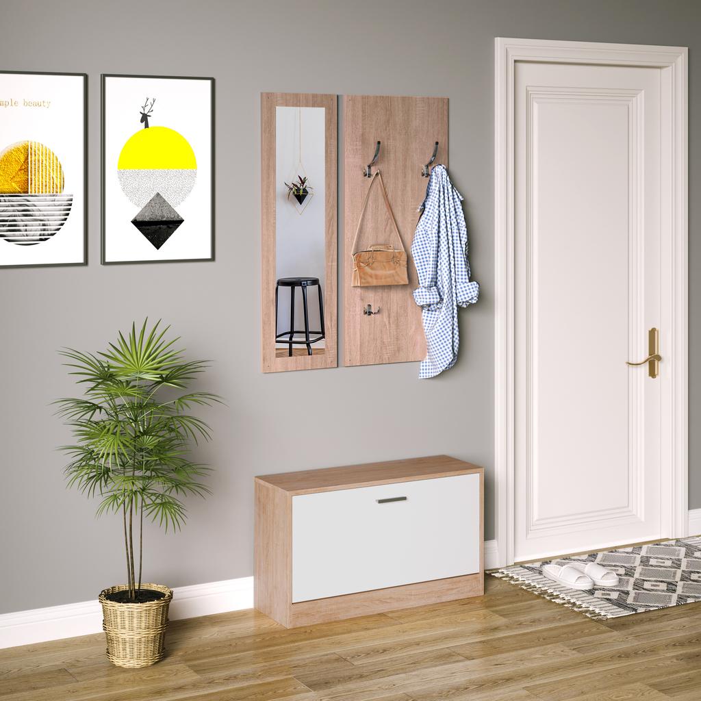 3-in-1 Flurmöbel-Set Garderobe Spiegel Schuhschrank Aufbewahrungs-Organizer m. Haken Holzfarbe