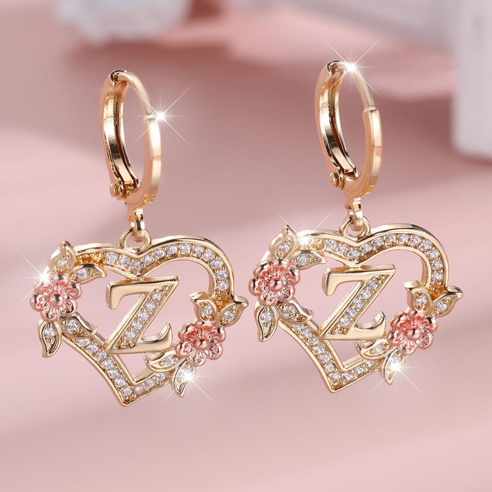 

A-Z 26 Letter Female Heart Flower Hoop Earrings Vintage Gold Color White Zircon Wedding Jewelry For Women