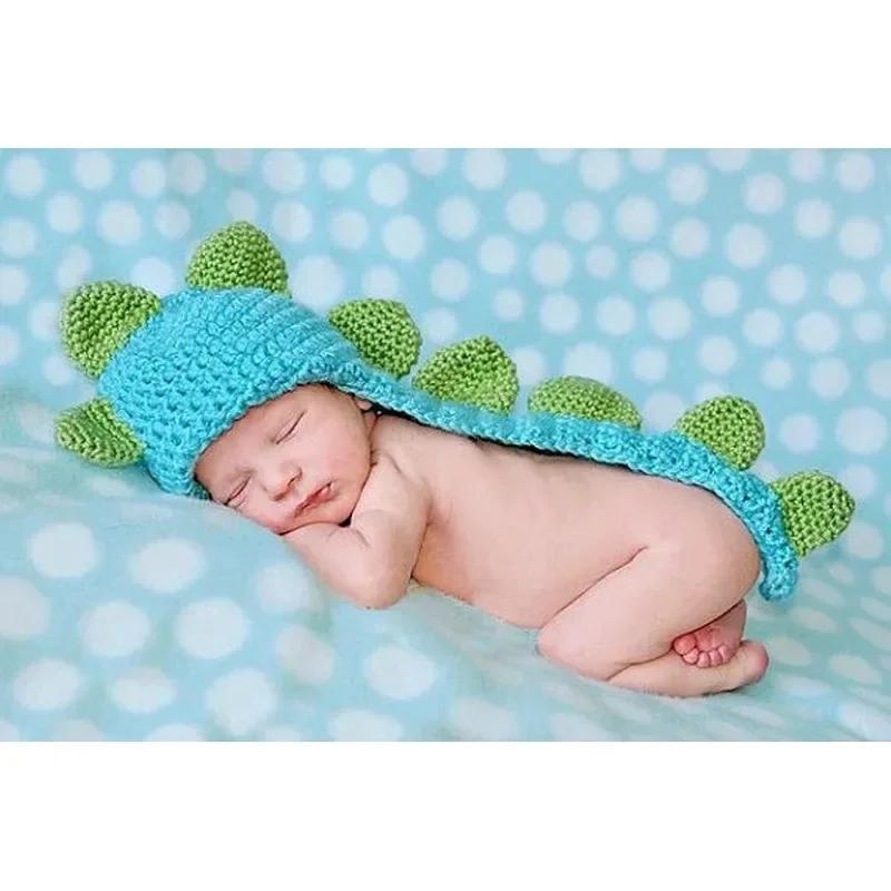 Knitted Little Dinosaur Baby Photography Props Blue Studio Style Clothing Supply Woolen Yarn Hat Clothes for Newborn Photo Props