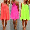 Women Summer Solid Color Sleeveless Grids Backless Large Hem Sling Mini Dress