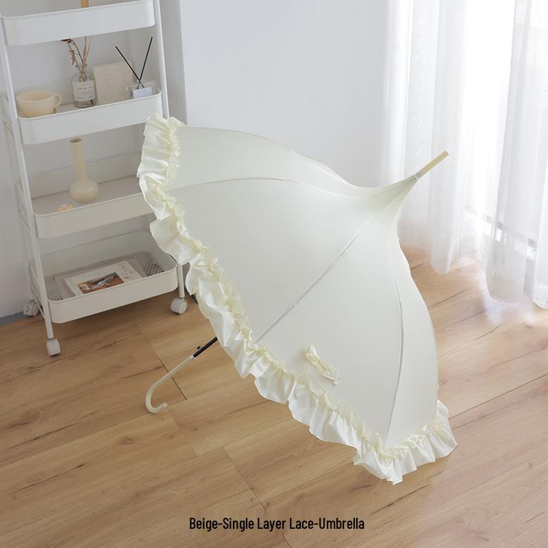 Lolita Lace Pagoda Princess Parasol - Elegant Wedding Umbrella with Long Handle, Goddess Sunshade, Cute Lolita Design, Sun Protection.
