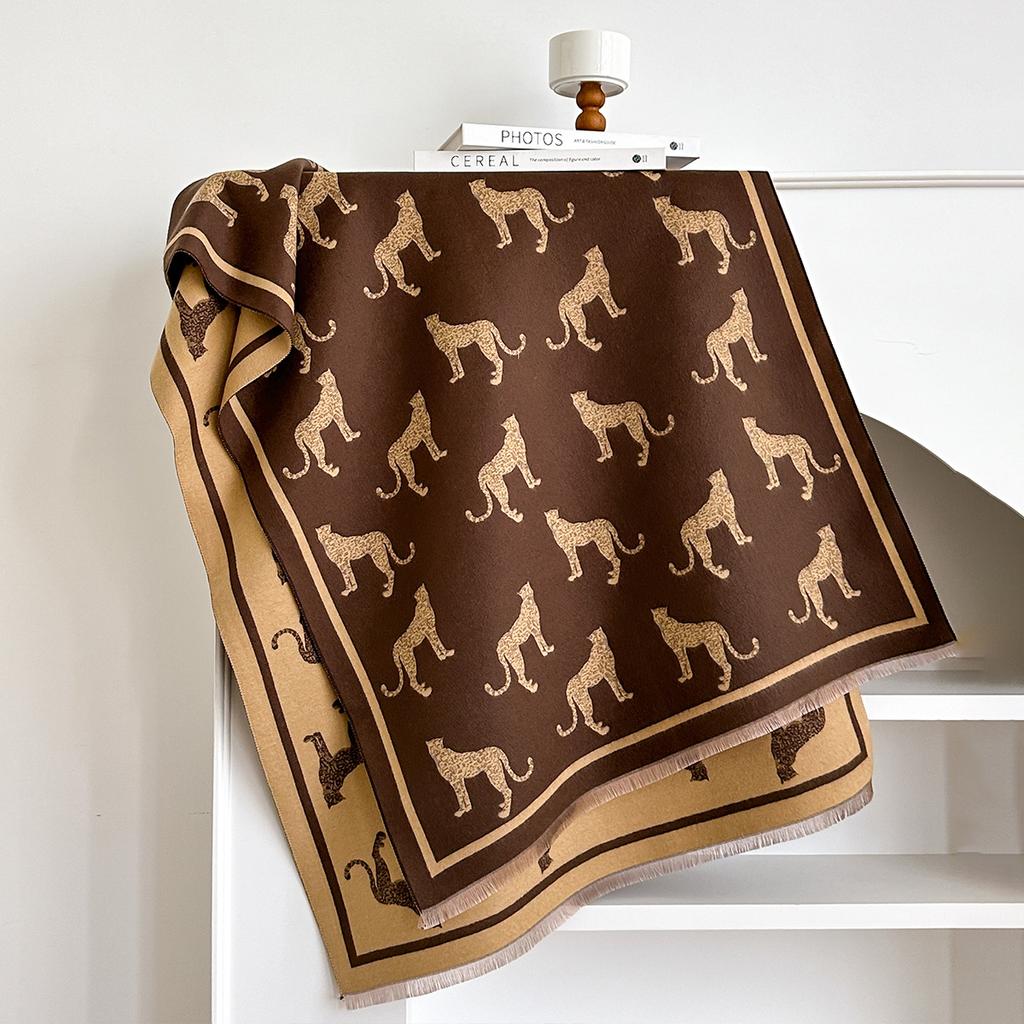 Retro leopard imitation cashmere fringed long towel for women's double-sided thickened warm elegant scarf air conditioner shawl