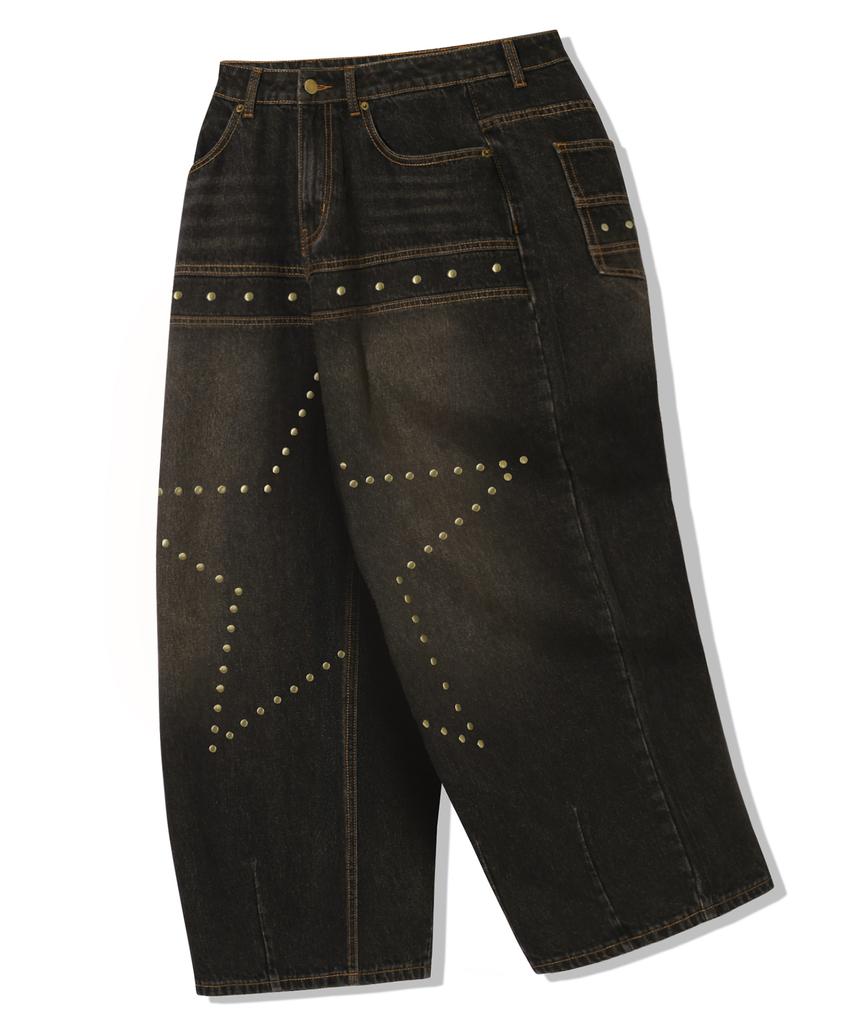 Trillion Star Hot Fix Balloon Fit Washed Denim Pants_3Color