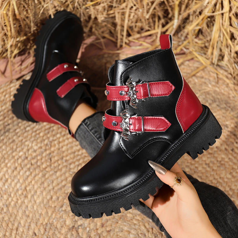 Gothic Metal Belt Buckle Black Ankle Boots Women 2025 Autumn Punk Chunky Platform Motorcycle Boots Y2K Mix Color Shoes for Women