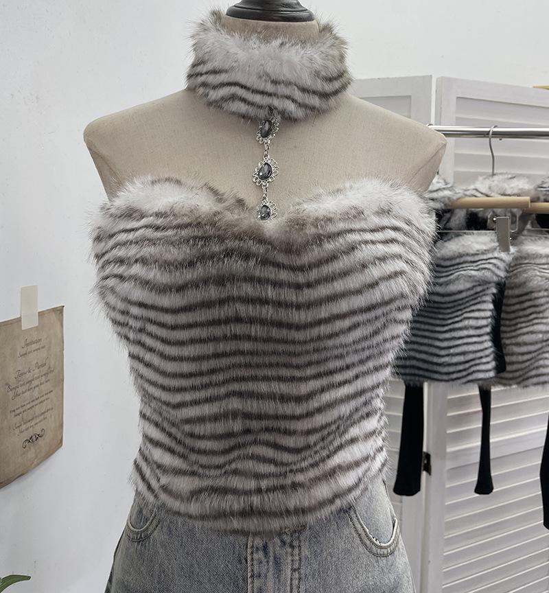 

High Neck Leopard Print Fluffy Camisole Vest - Women s Autumn/Winter Strapless Slim Sleeveless Top One Size кавовий