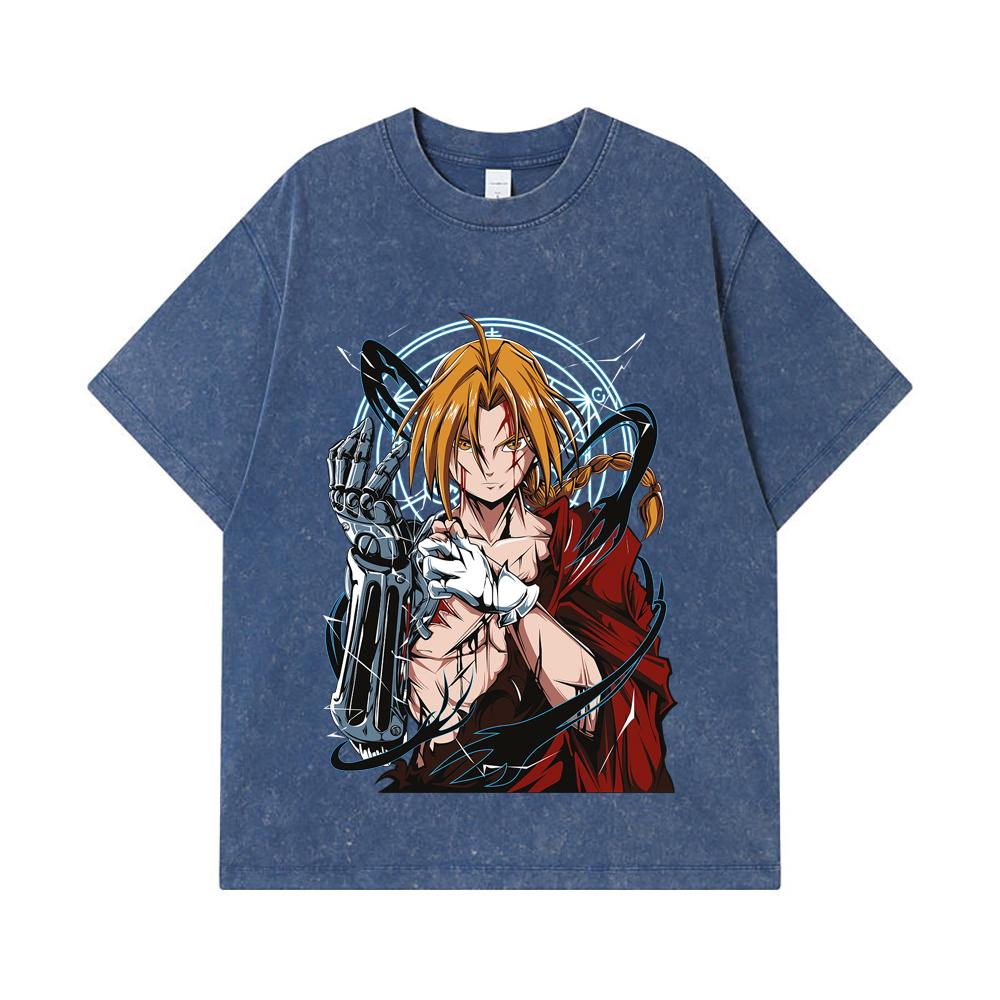 275 GSM Washed T-shirts 100% Cotton Fullmetal Alchemist V6 Edward Print Unisex Heavy Cotton T Shirt
