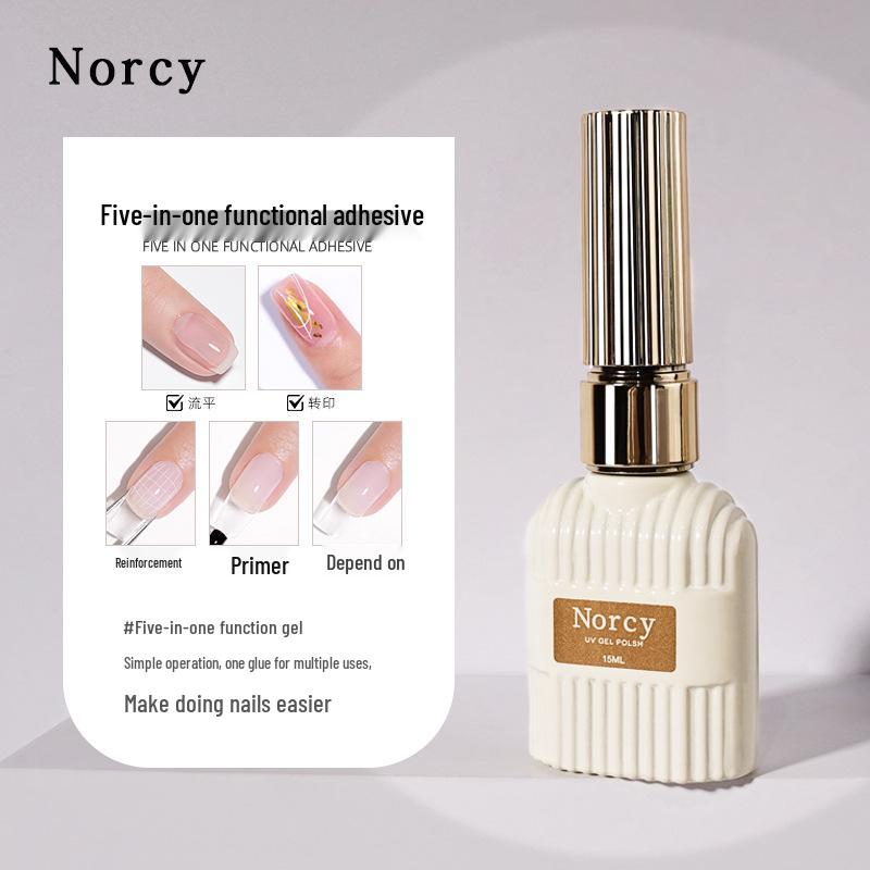 

Улучшенный гель 5-в-1: Лак для ногтей, Укрепляющая база, Выравнивающий гель, Клей для переводных наклеек и типсов.