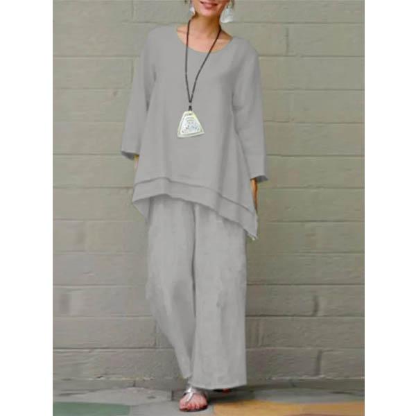 Completo da donna 2 pezzi casual con top a maniche lunghe con scollo a O e pantaloni lunghi a gamba larga con elastico in vita, tinta unita, ideale per il tempo libero.