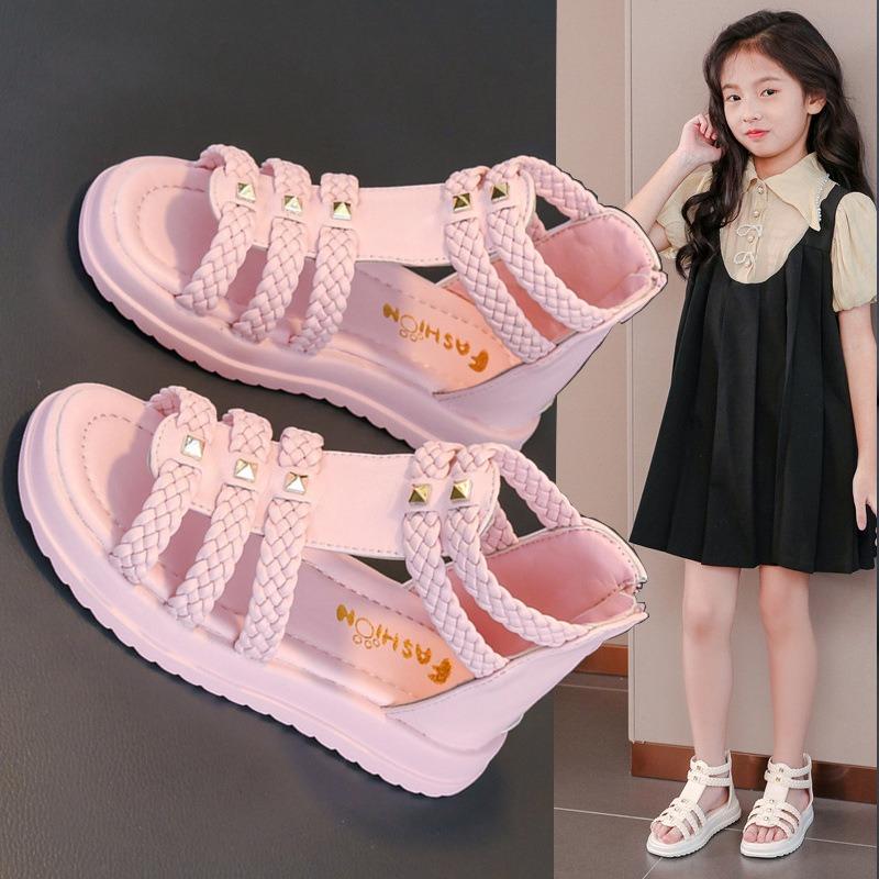 Stylish soft-soled peep-toe princess sandals for girls, suitable for kids of middle and older ages