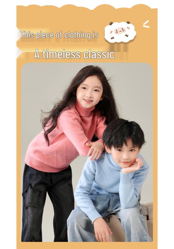 Children's Cozy Thick Wool Turtleneck Sweater - Solid Color, Loose Fit, Long Sleeve, Autumn/Winter Base Layer