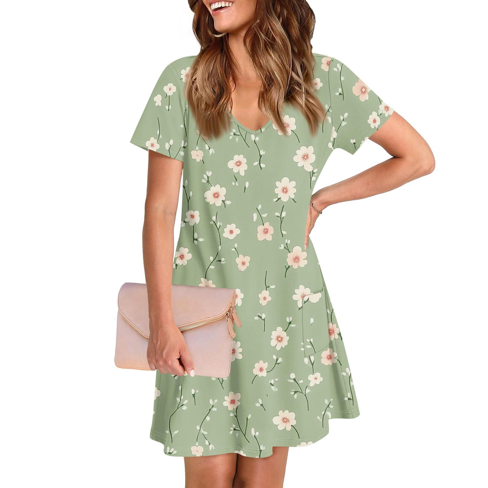 

Женское повседневное и модное платье средней длины с V-образным вырезом и коротким рукавом с принтом S