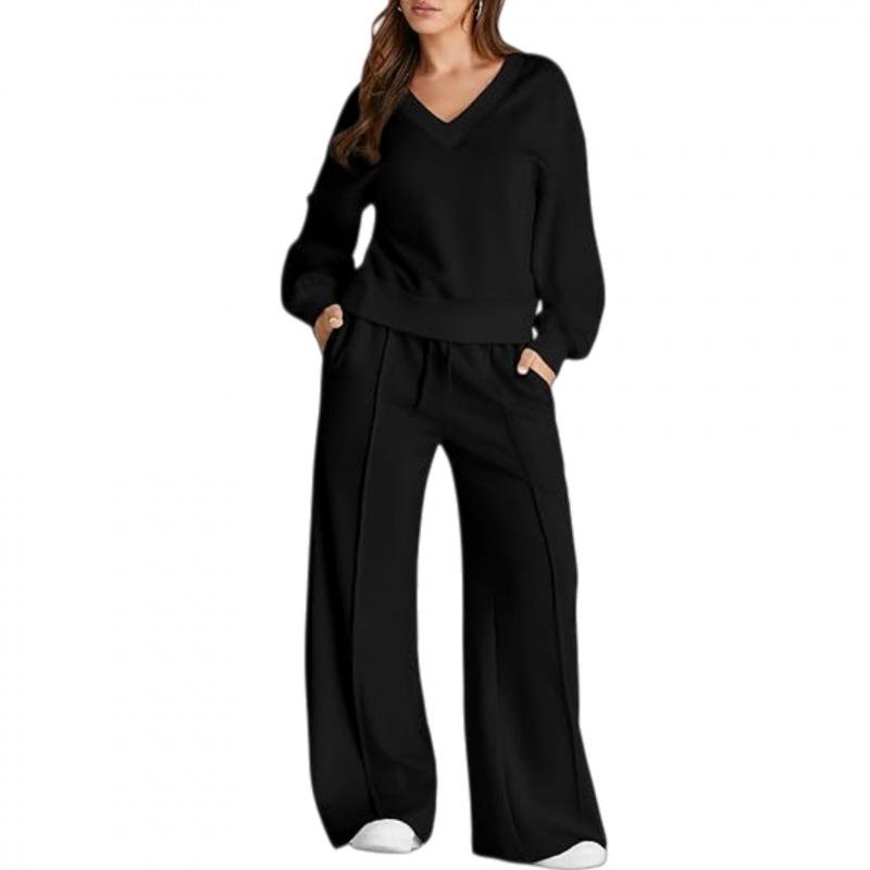 Conjunto Casual de Sudadera de Color Sólido con Cuello en V y Pantalones Largos para Mujer Otoño/Invierno 2025 - Moda Europea/Americana