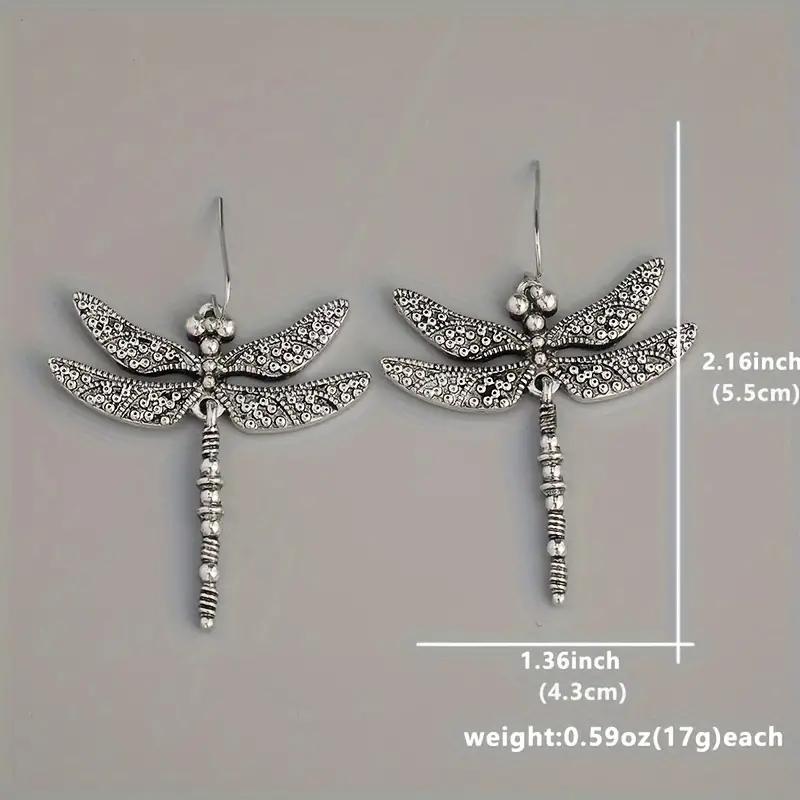 Vintage Dragonfly Design Carved Pattern Dangle Earrings Retro Bohemian Style Silver Color Jewelry Trendy Female Ear Ornaments