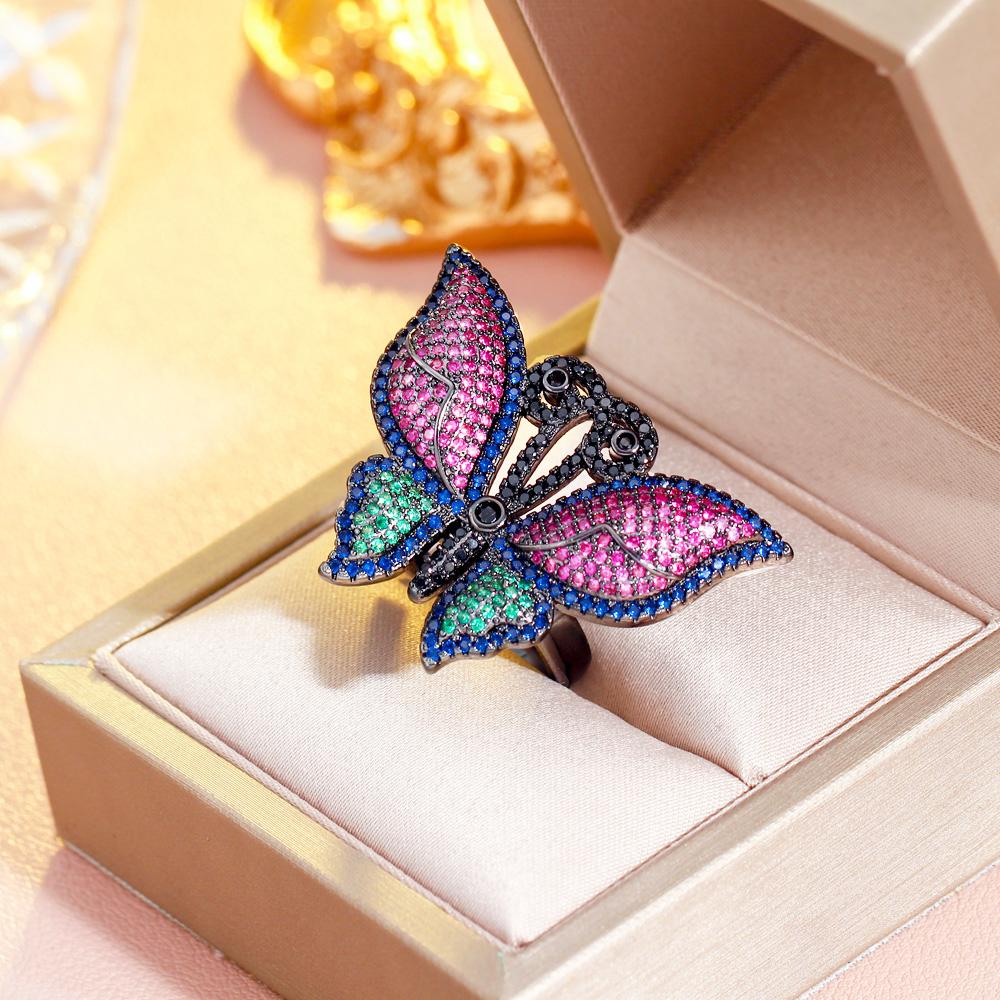 CMM Gioielli Ridimensionabile Grosso Rosso Verde Cubic Zirconia Asfaltata di Lusso Grande Farfalla Donne Festa di Nozze Anelli di Fidanzamento